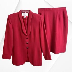 Vintage Jones New York Red Wool Crepe 2 Piece Skirt Suit Women SZ 10P Career USA
